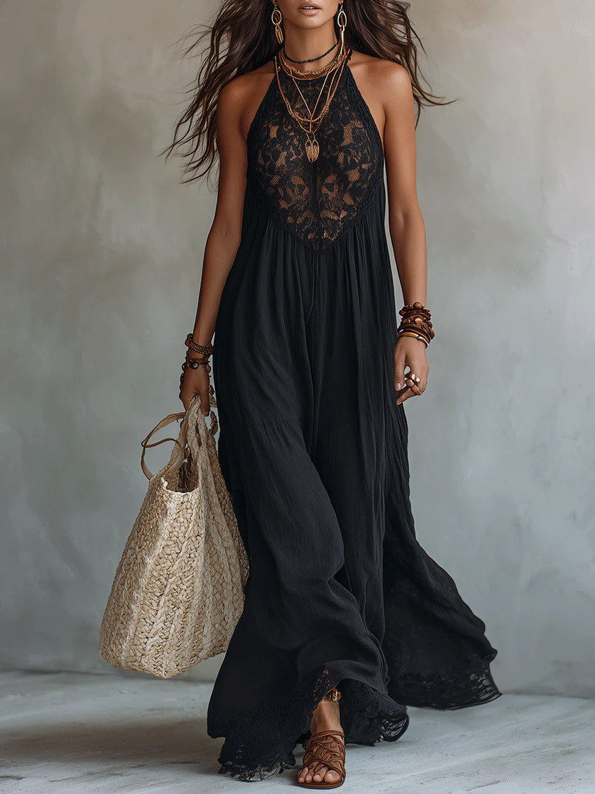 Vestido Maxi Negro Sin Mangas con Encaje Bohemio