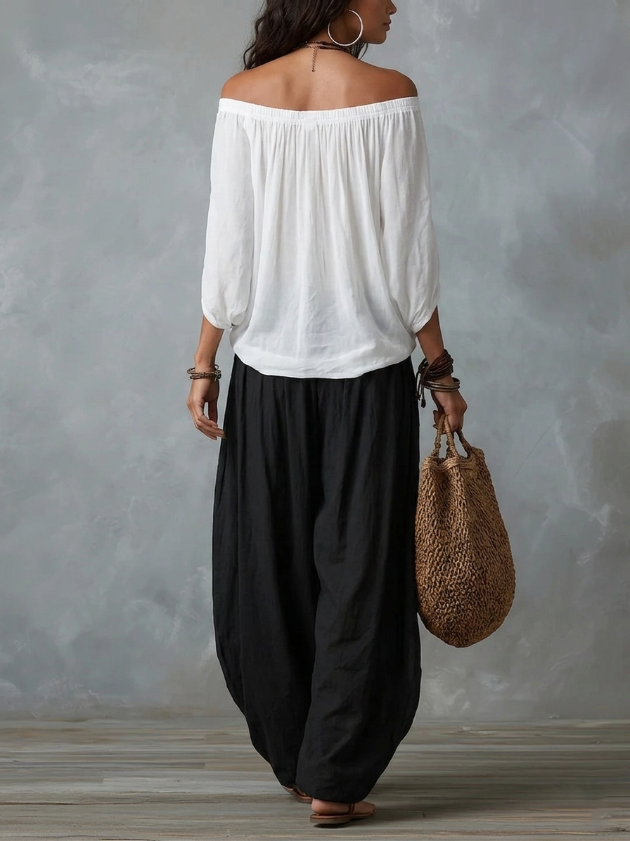 Conjunto Top Blanco Off-Shoulder y Pantalón Ancho