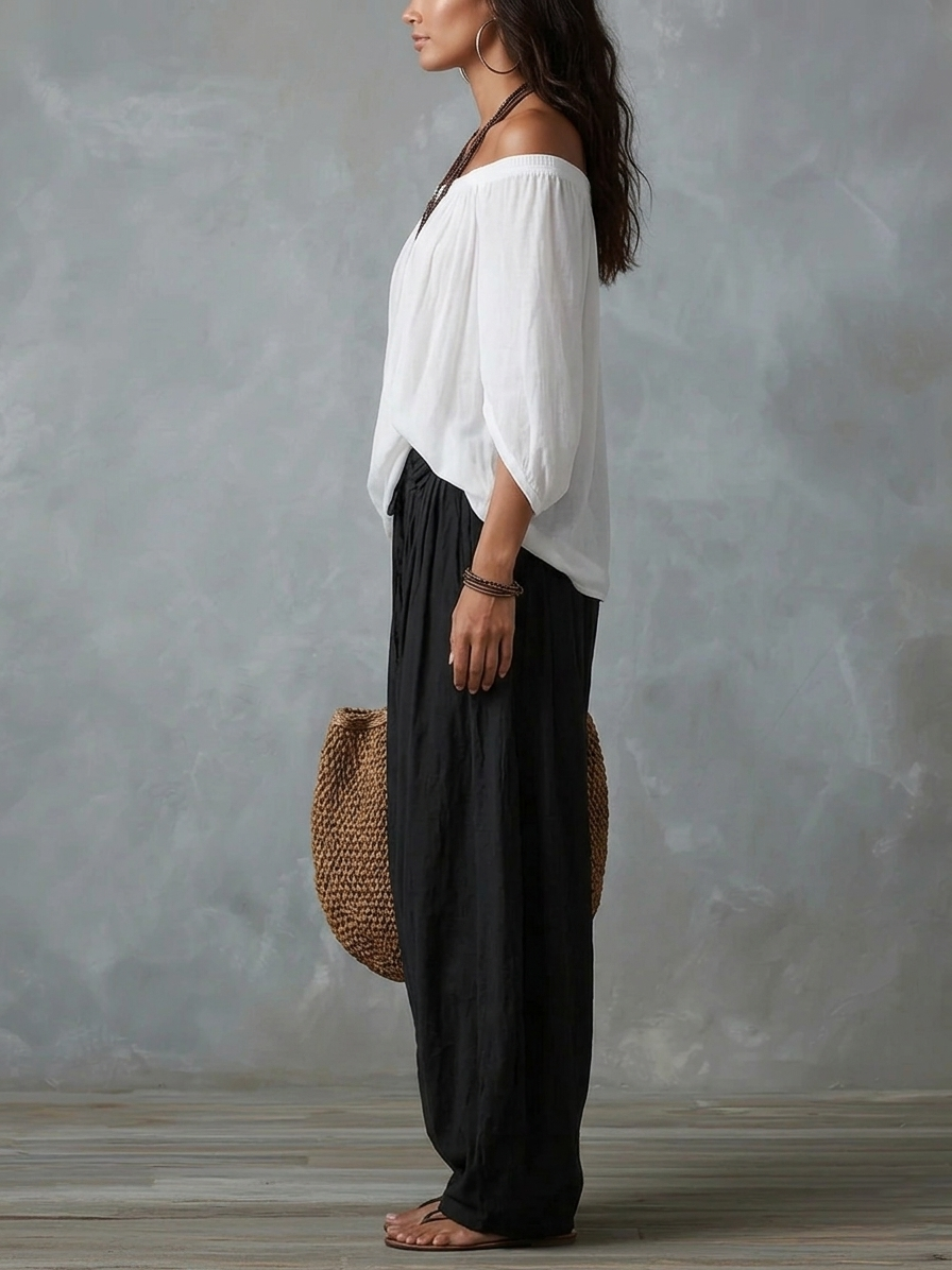 Conjunto Top Blanco Off-Shoulder y Pantalón Ancho