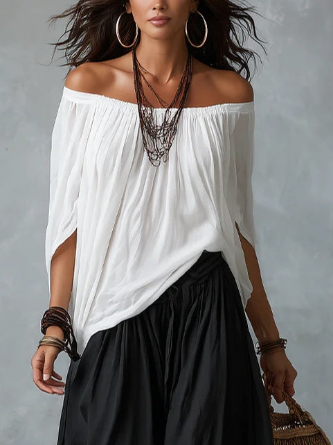 Conjunto Top Blanco Off-Shoulder y Pantalón Ancho