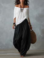 Conjunto Top Blanco Off-Shoulder y Pantalón Ancho