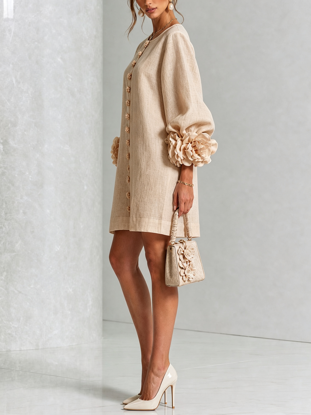Ambra | Vestido Mini en Mezcla de Lino con Puños de Rosa, Beige