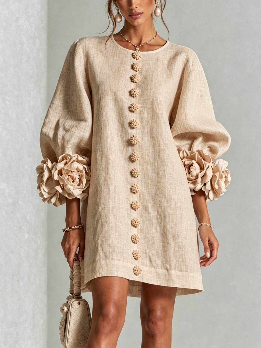 Ambra | Vestido Mini en Mezcla de Lino con Puños de Rosa, Beige