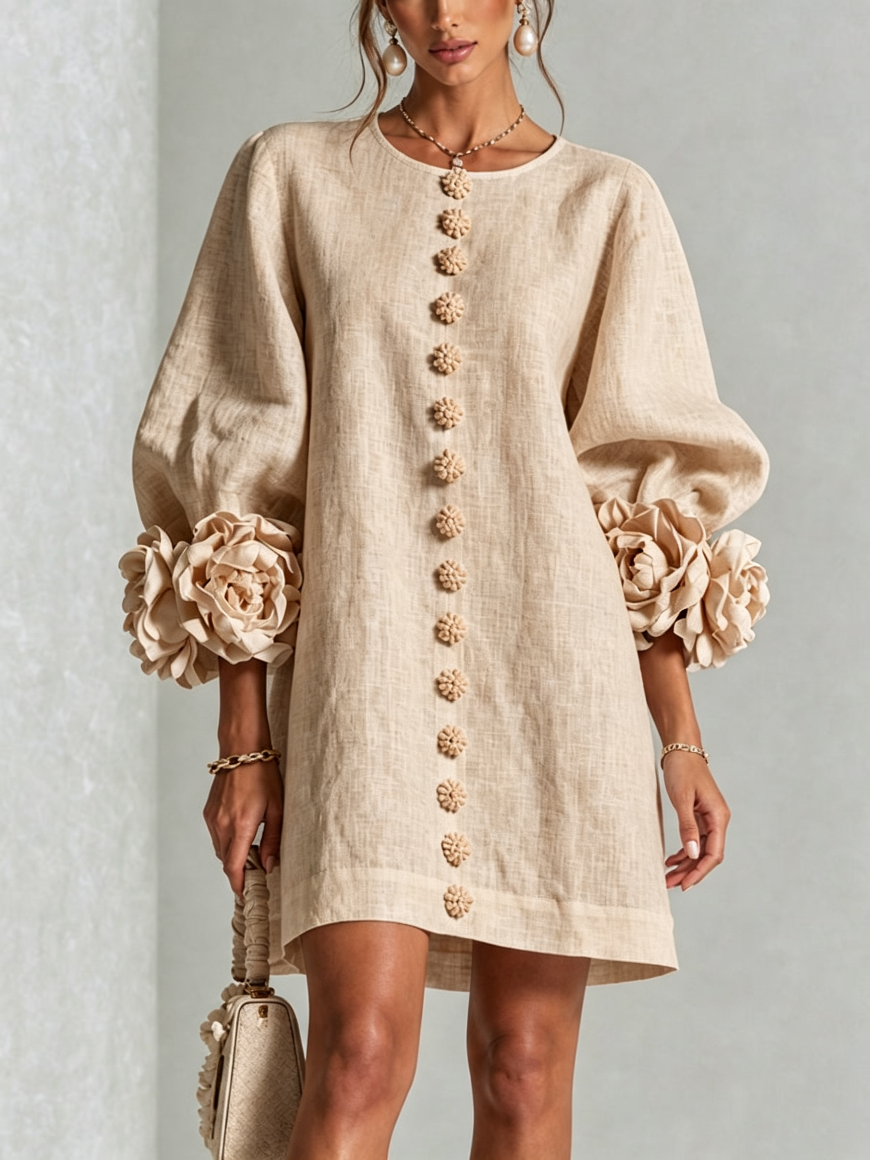 Ambra | Vestido Mini en Mezcla de Lino con Puños de Rosa, Beige