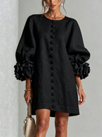 Cecilia | Vestido Mini en Mezcla de Lino con Puños de Rosa, Negro
