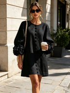 Cecilia | Vestido Mini en Mezcla de Lino con Puños de Rosa, Negro