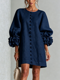 Marina | Vestido Mini en Mezcla de Lino con Puños de Rosa, Azul Marino