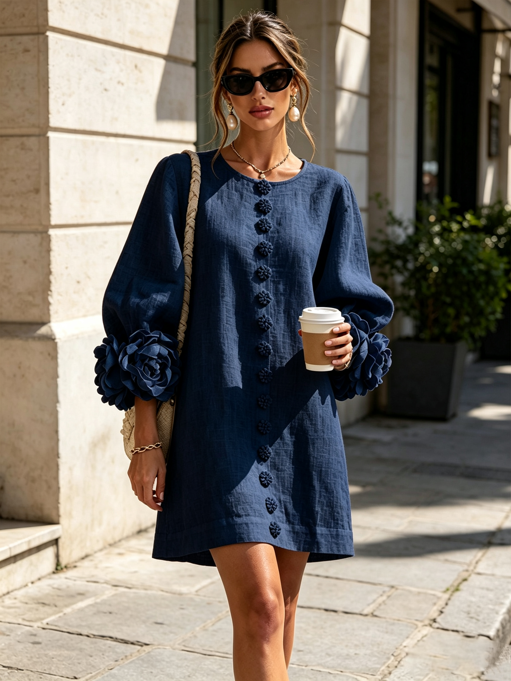 Marina | Vestido Mini en Mezcla de Lino con Puños de Rosa, Azul Marino