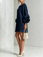 Marina | Vestido Mini en Mezcla de Lino con Puños de Rosa, Azul Marino