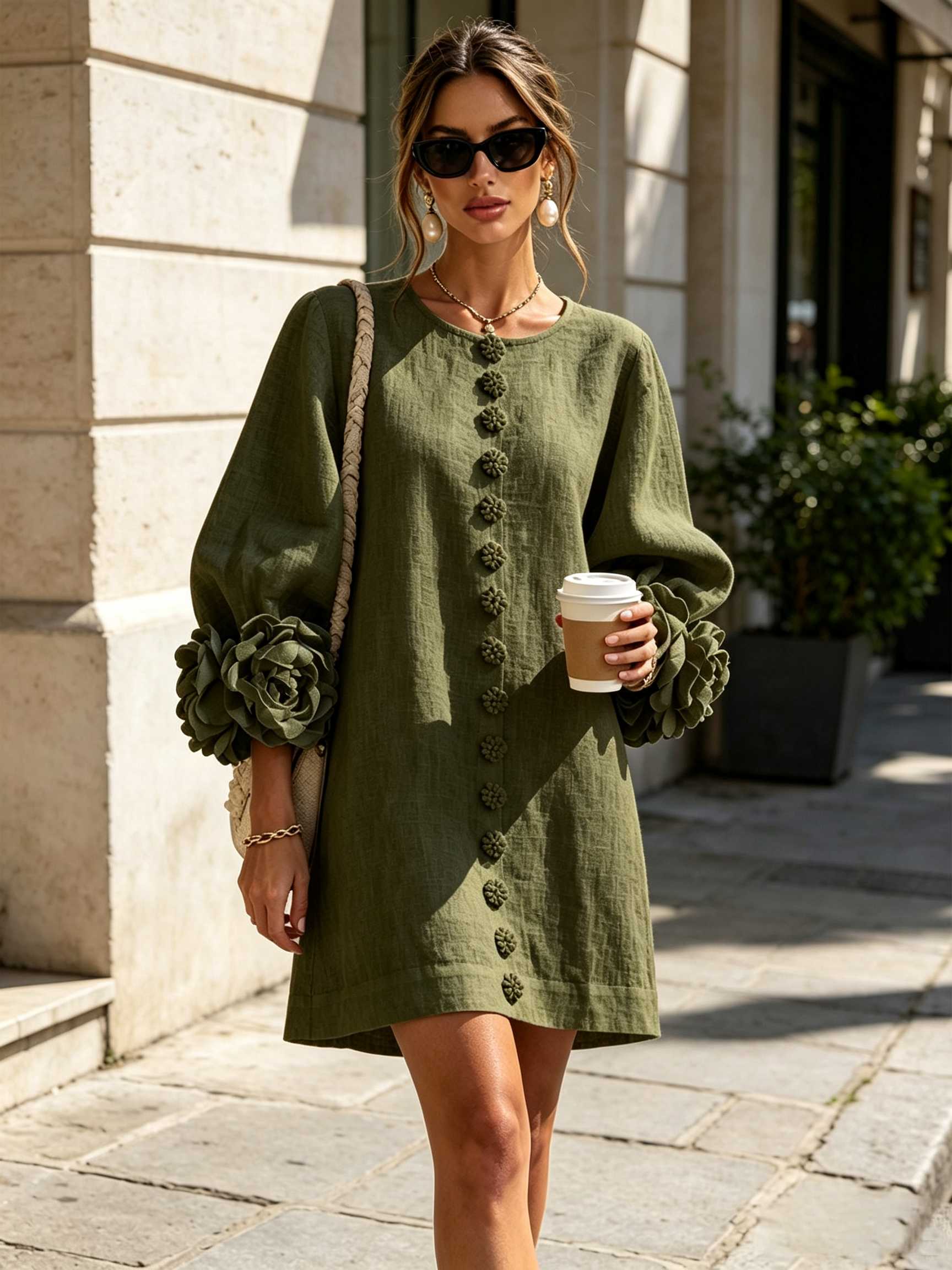 Gaia | Vestido Mini en Mezcla de Lino con Puños de Rosa, Verde Oliva