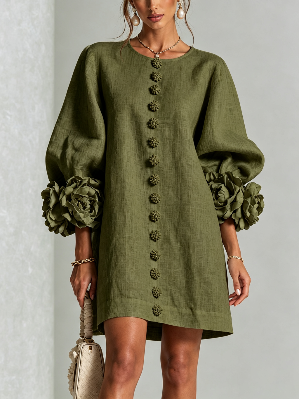 Gaia | Vestido Mini en Mezcla de Lino con Puños de Rosa, Verde Oliva