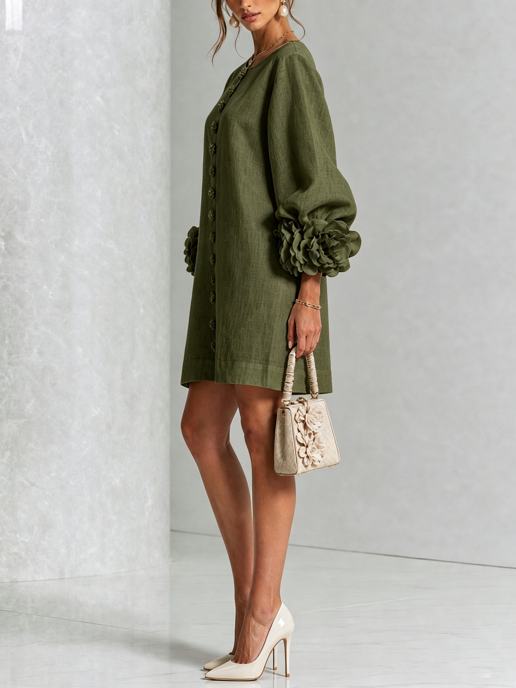 Gaia | Vestido Mini en Mezcla de Lino con Puños de Rosa, Verde Oliva