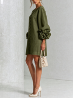 Gaia | Vestido Mini en Mezcla de Lino con Puños de Rosa, Verde Oliva