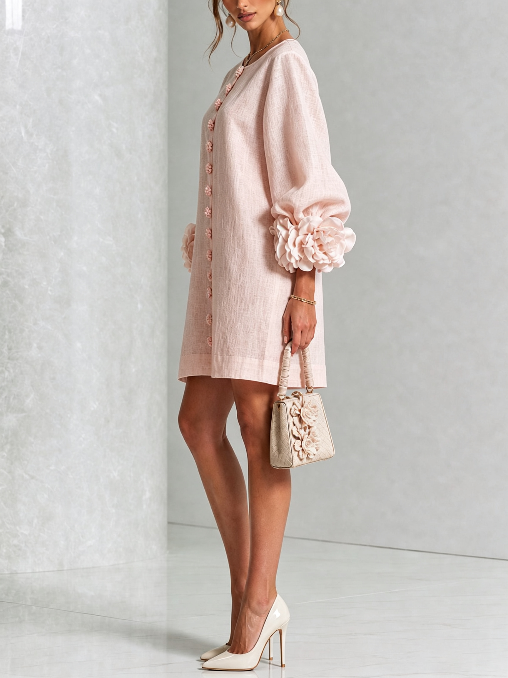 Noemi | Vestido Mini en Mezcla de Lino con Puños de Rosa, Rosa