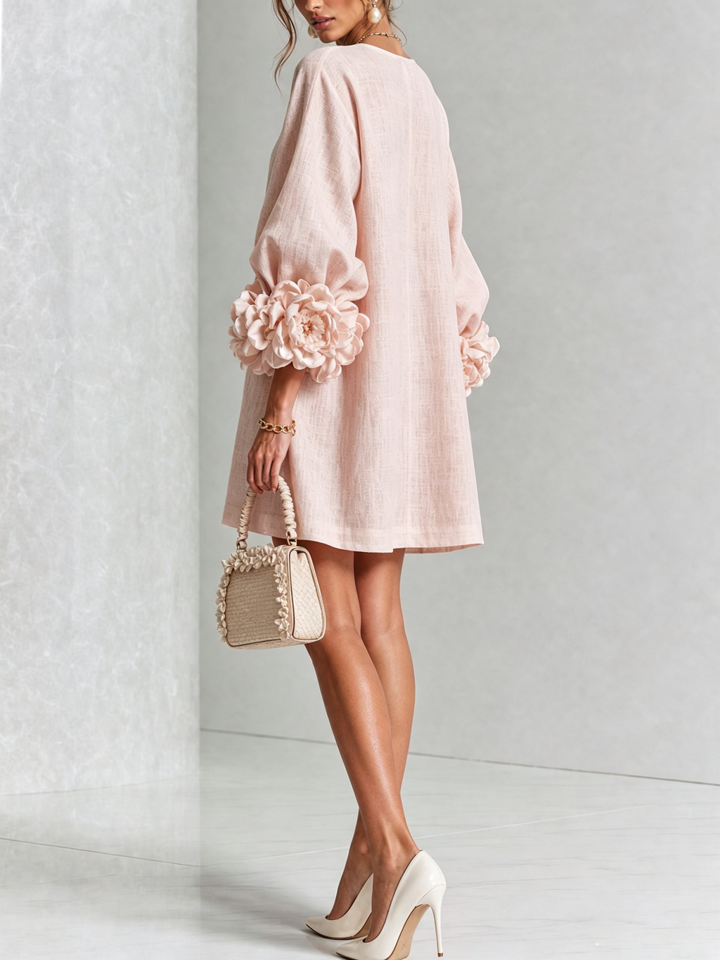 Noemi | Vestido Mini en Mezcla de Lino con Puños de Rosa, Rosa