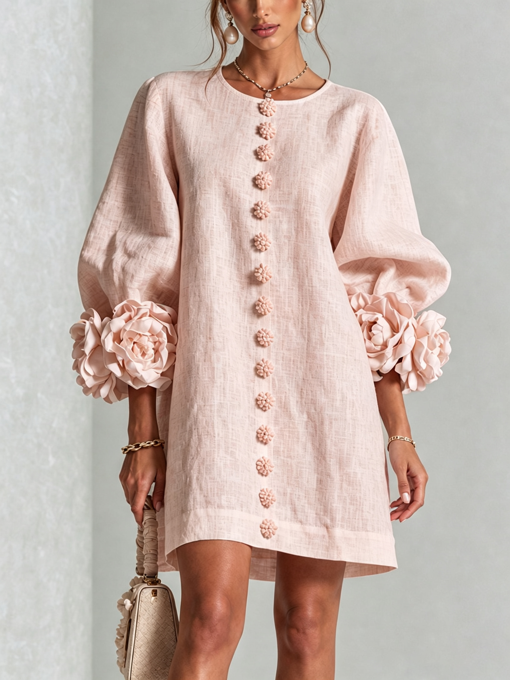 Noemi | Vestido Mini en Mezcla de Lino con Puños de Rosa, Rosa