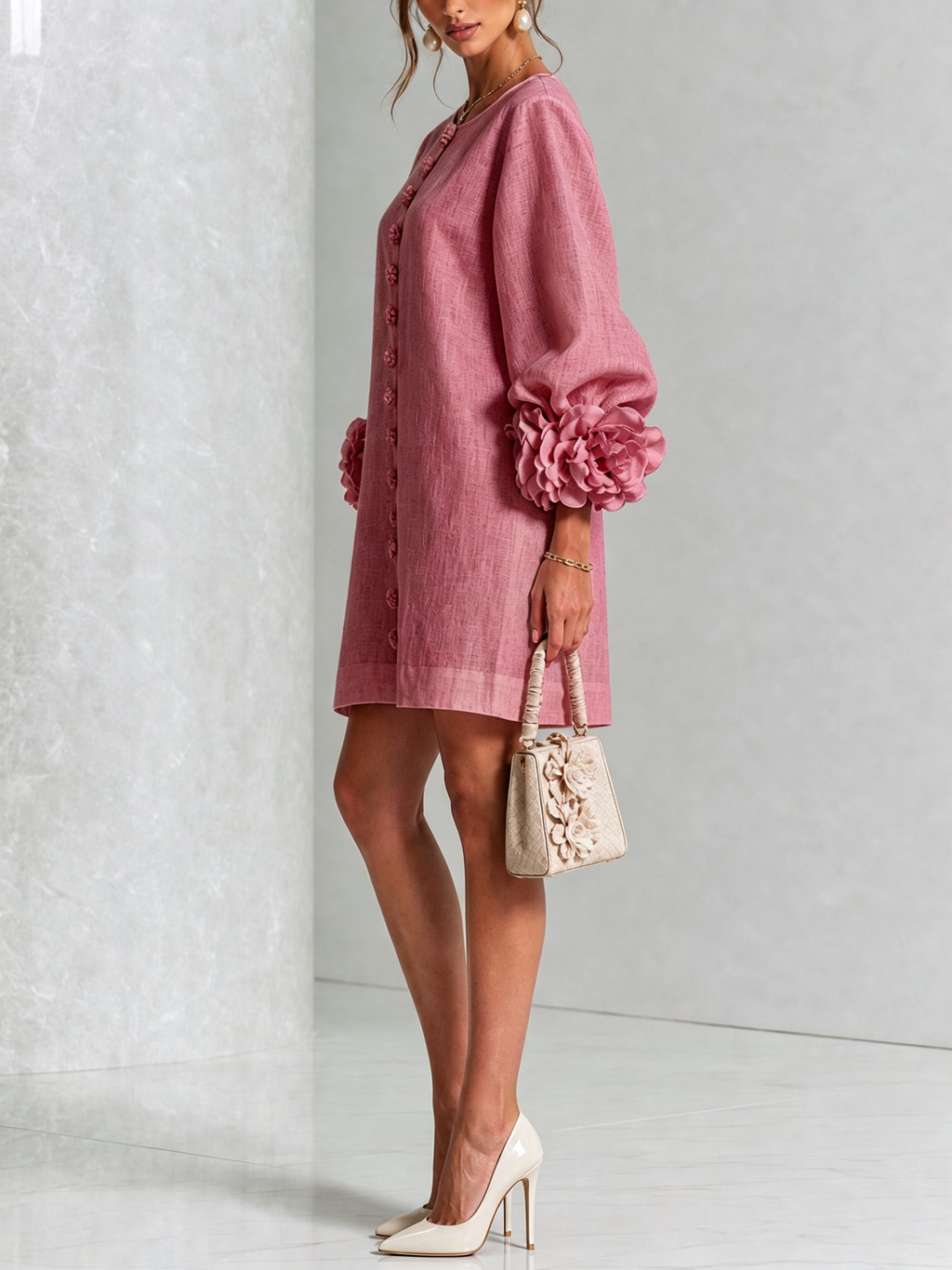 Alba | Vestido Mini en Mezcla de Lino con Puños de Rosa, Rosa Antiguo