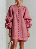 Alba | Vestido Mini en Mezcla de Lino con Puños de Rosa, Rosa Antiguo