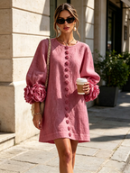 Alba | Vestido Mini en Mezcla de Lino con Puños de Rosa, Rosa Antiguo