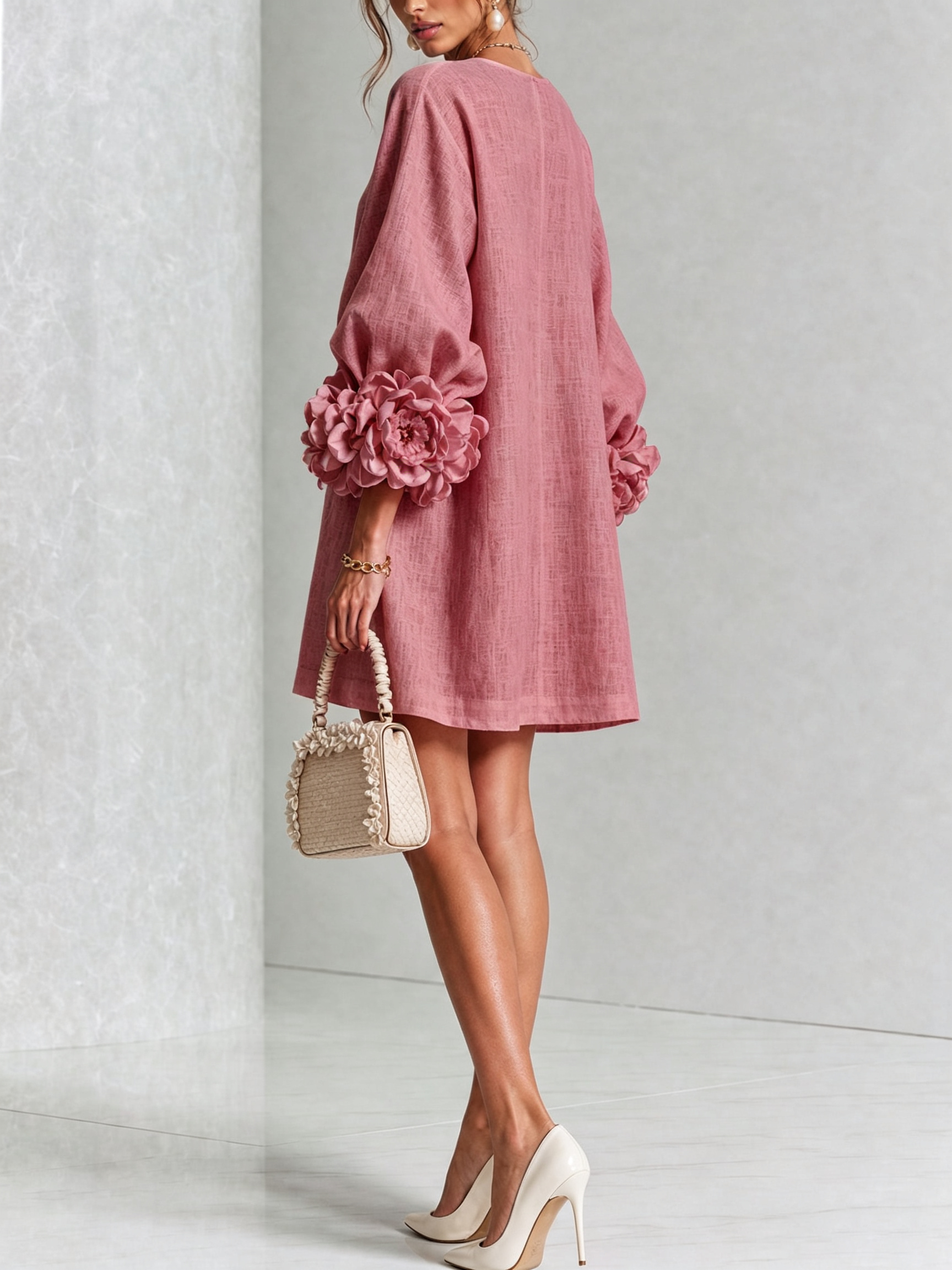 Alba | Vestido Mini en Mezcla de Lino con Puños de Rosa, Rosa Antiguo