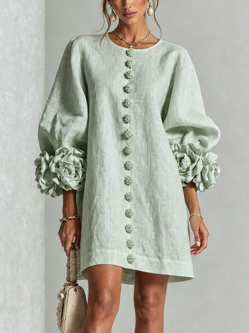Delia | Vestido Mini en Mezcla de Lino con Puños de Rosa, Verde Salvia