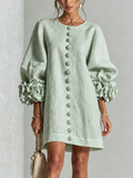Delia | Vestido Mini en Mezcla de Lino con Puños de Rosa, Verde Salvia