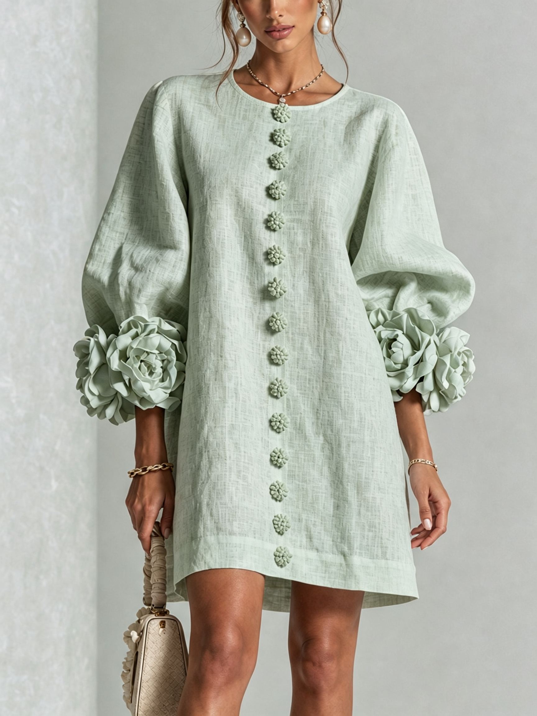 Delia | Vestido Mini en Mezcla de Lino con Puños de Rosa, Verde Salvia