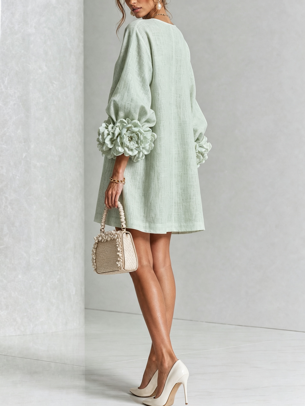 Delia | Vestido Mini en Mezcla de Lino con Puños de Rosa, Verde Salvia