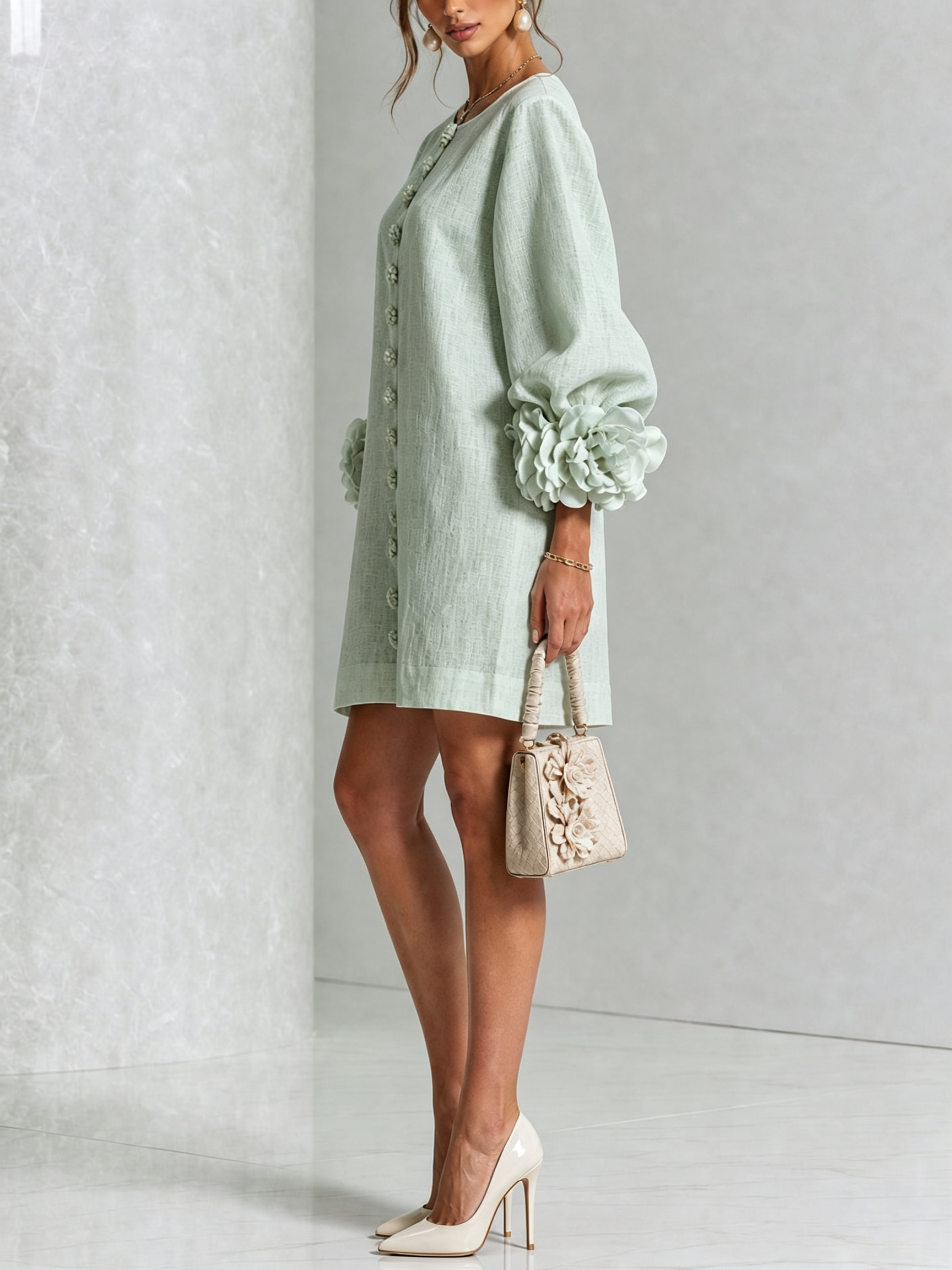 Delia | Vestido Mini en Mezcla de Lino con Puños de Rosa, Verde Salvia