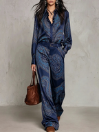 Cloe | Conjunto de Camisa Satinada Estampada y Pantalón Ancho