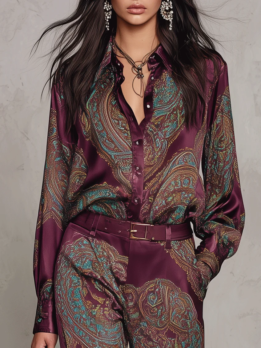 Cloe | Conjunto de Camisa Satinada Estampada y Pantalón Ancho