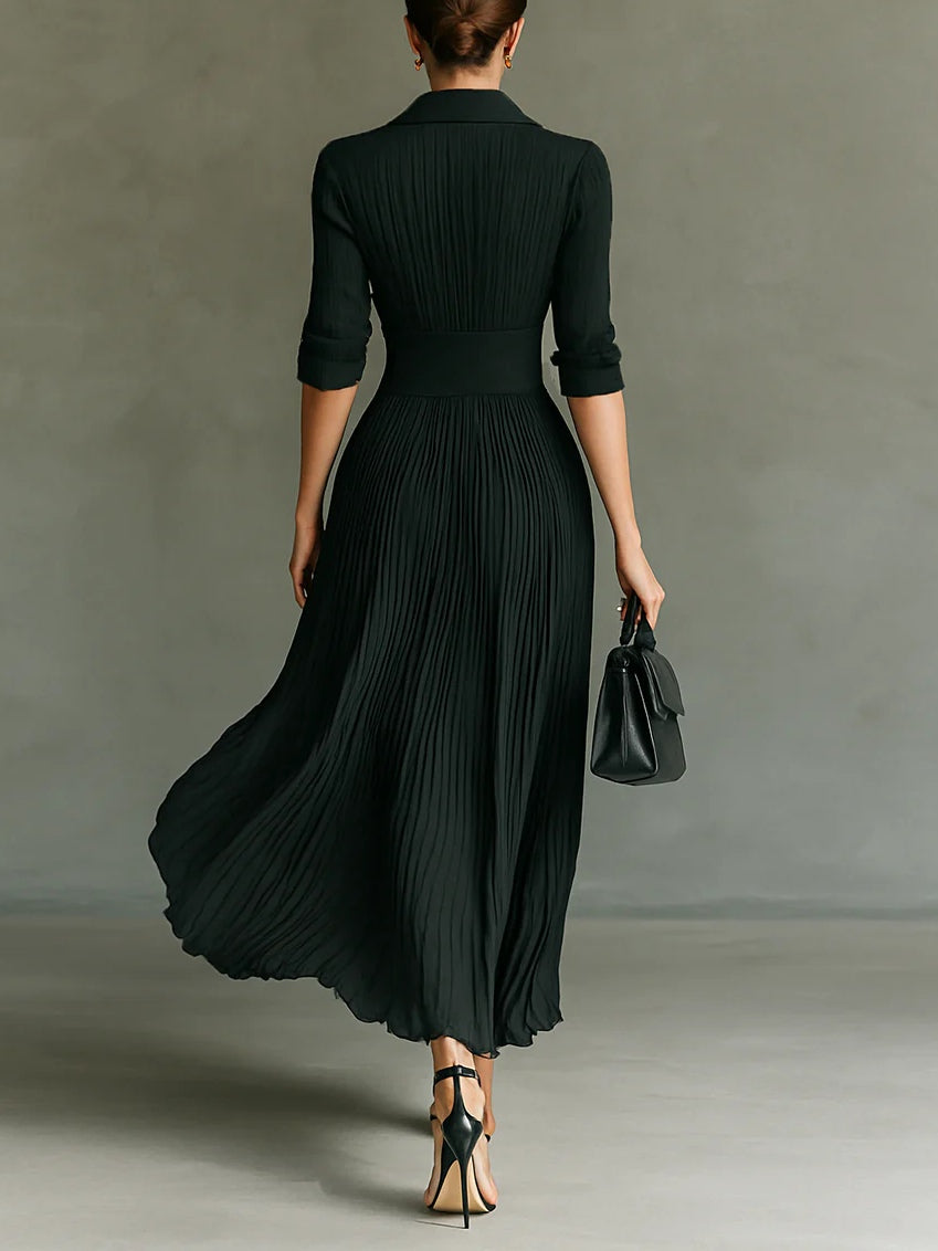 Elvire | Vestido Largo Plisado con Cinturón y Talle Alto