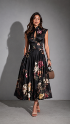 Vestido Midi en Satén Plisado con Cuello Cut-Out Negro