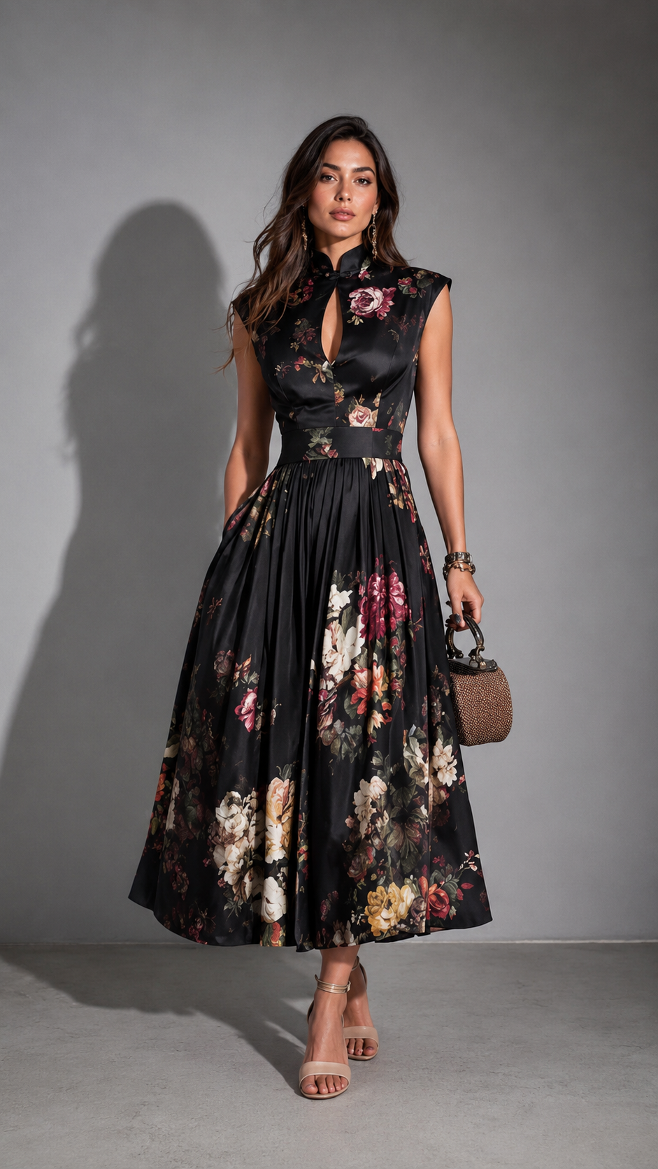 Vestido Midi en Satén Plisado con Cuello Cut-Out Negro
