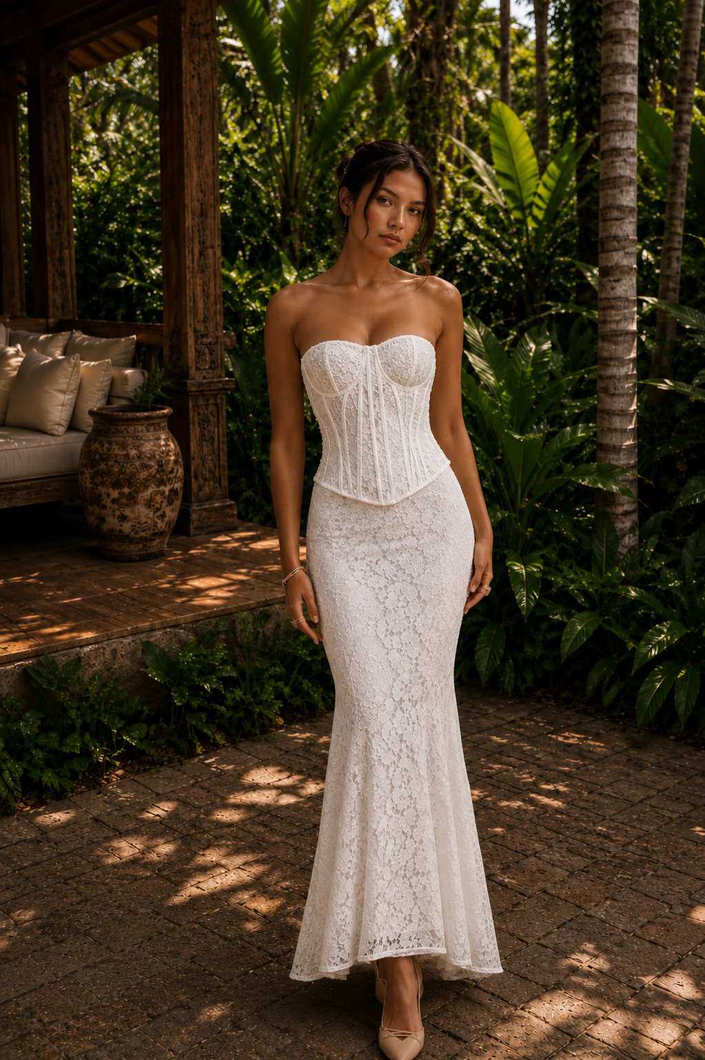 ETERNAL BLOOM | Abito midi 2 pezzi in pizzo floreale con corsetto