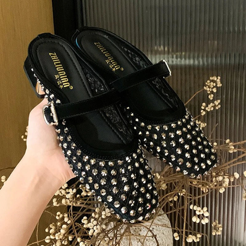 MONTAIGNE™ | Sandalias Tipo Mule con Punta Cuadrada y Pedrería de Malla