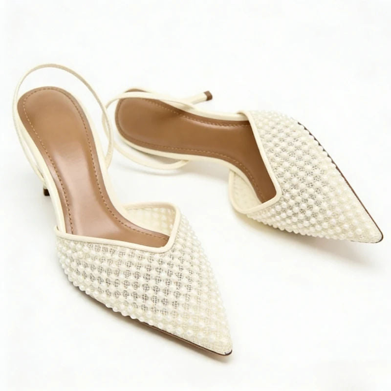 VENTORÉ™ | Sandalias de Tacón Alto con Cuentas y Malla Beige