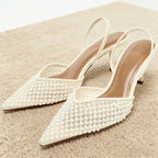 VENTORÉ™ | Sandalias de Tacón Alto con Cuentas y Malla Beige