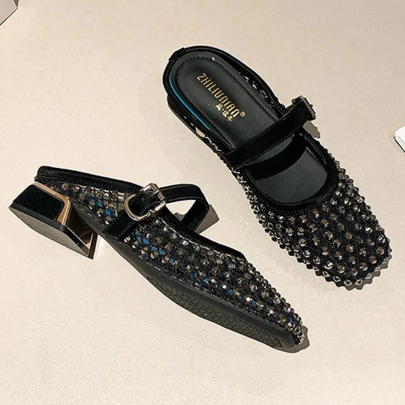 MONTAIGNE™ | Sandalias Tipo Mule con Punta Cuadrada y Pedrería de Malla