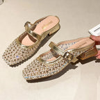 MONTAIGNE™ | Sandalias Tipo Mule con Punta Cuadrada y Pedrería de Malla
