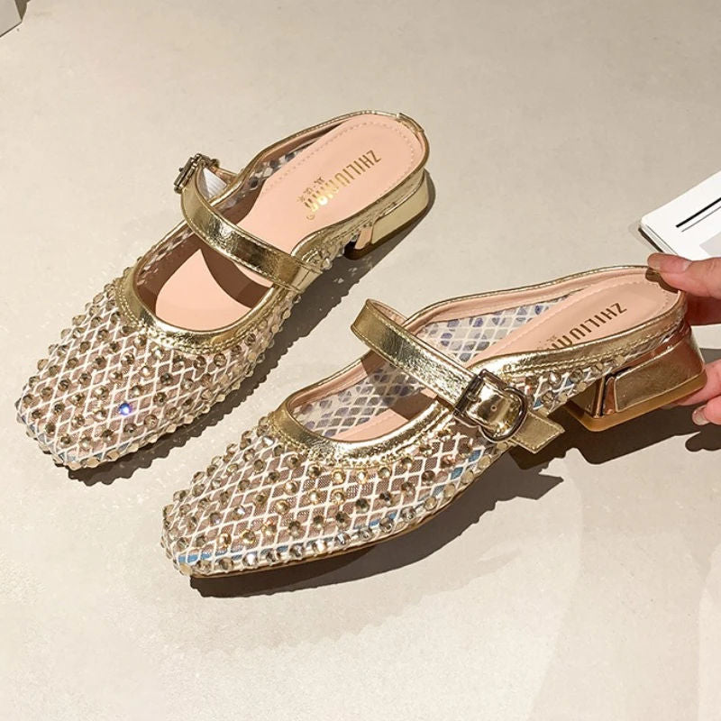 MONTAIGNE™ | Sandalias Tipo Mule con Punta Cuadrada y Pedrería de Malla