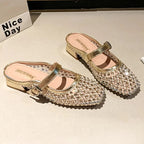 MONTAIGNE™ | Sandalias Tipo Mule con Punta Cuadrada y Pedrería de Malla