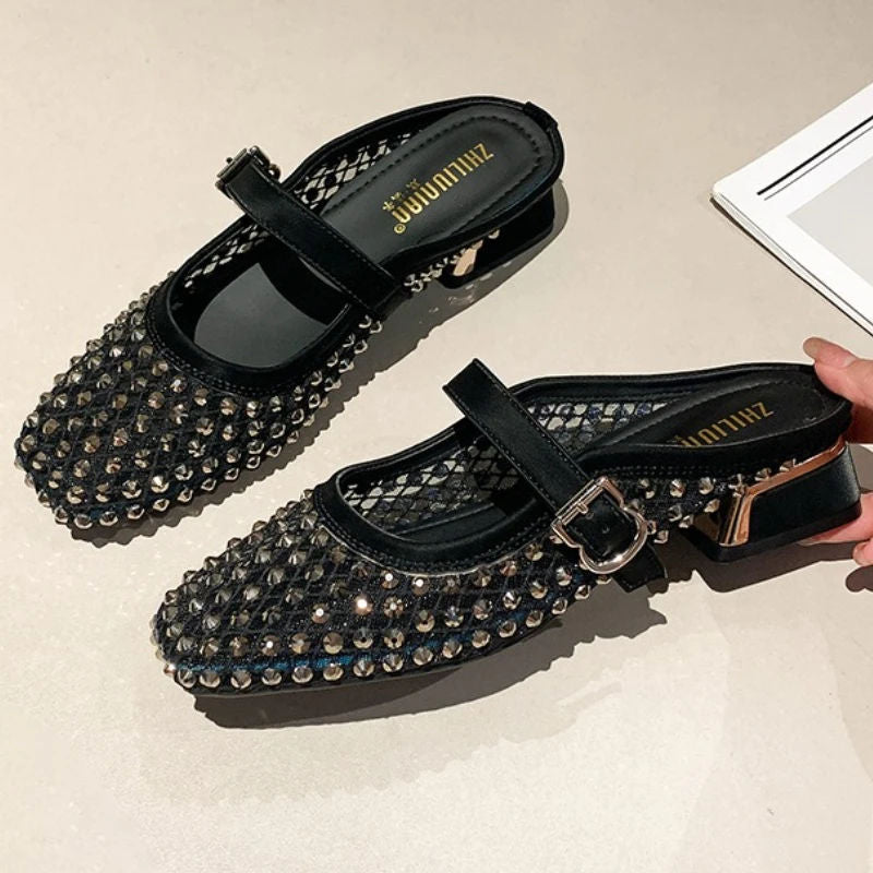 MONTAIGNE™ | Sandalias Tipo Mule con Punta Cuadrada y Pedrería de Malla
