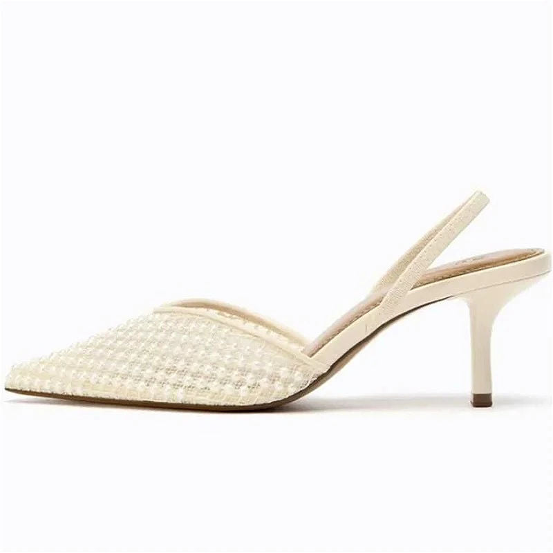 VENTORÉ™ | Sandalias de Tacón Alto con Cuentas y Malla Beige