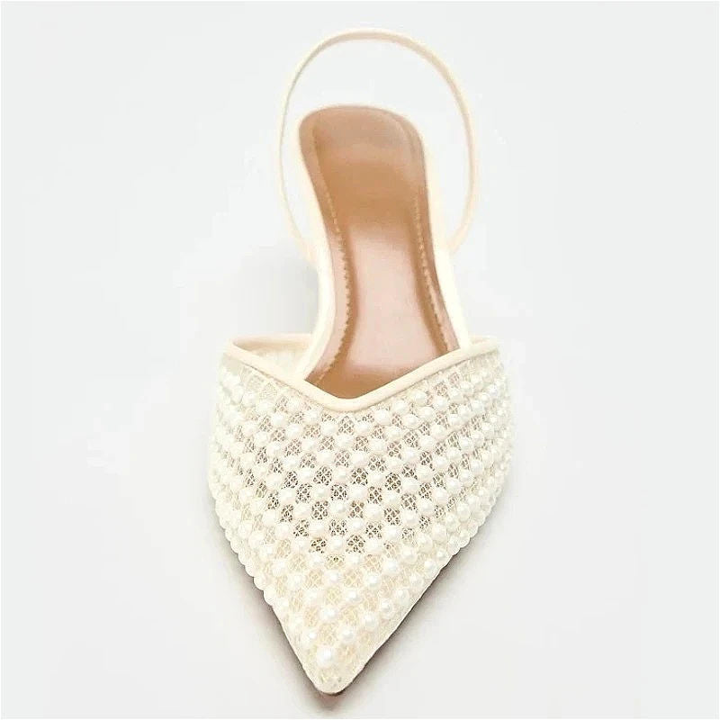 VENTORÉ™ | Sandalias de Tacón Alto con Cuentas y Malla Beige
