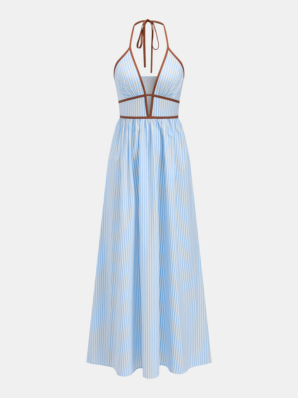 Vestido midi a rayas con escote en V profundo y cuello halter