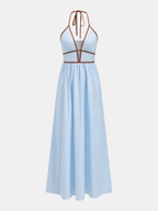 Vestido midi a rayas con escote en V profundo y cuello halter
