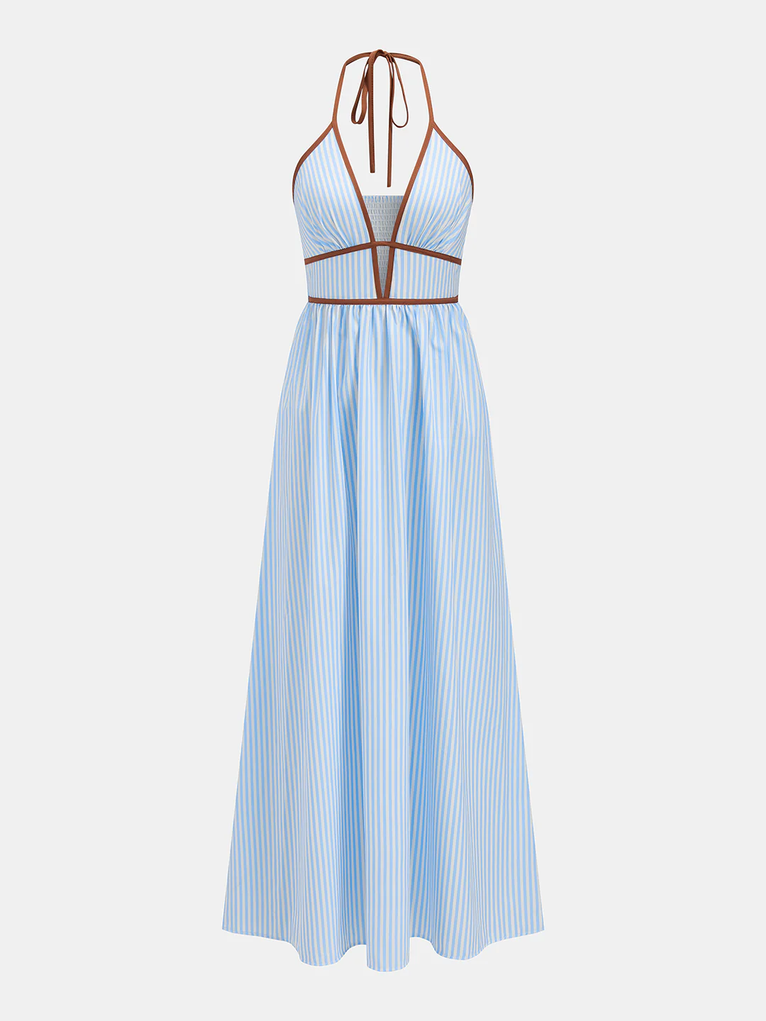Vestido midi a rayas con escote en V profundo y cuello halter