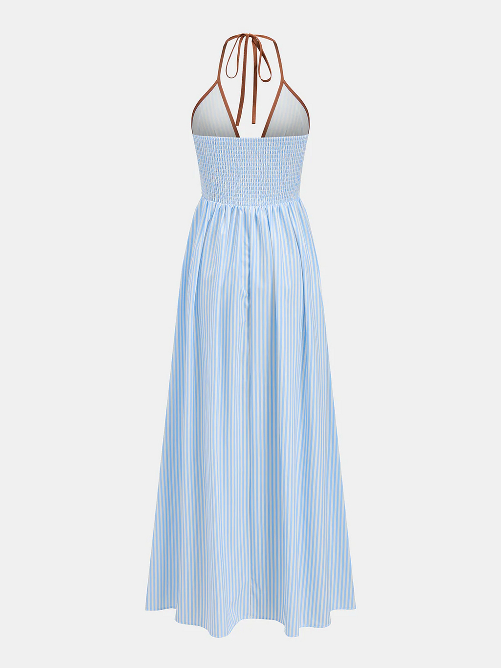 Vestido midi a rayas con escote en V profundo y cuello halter
