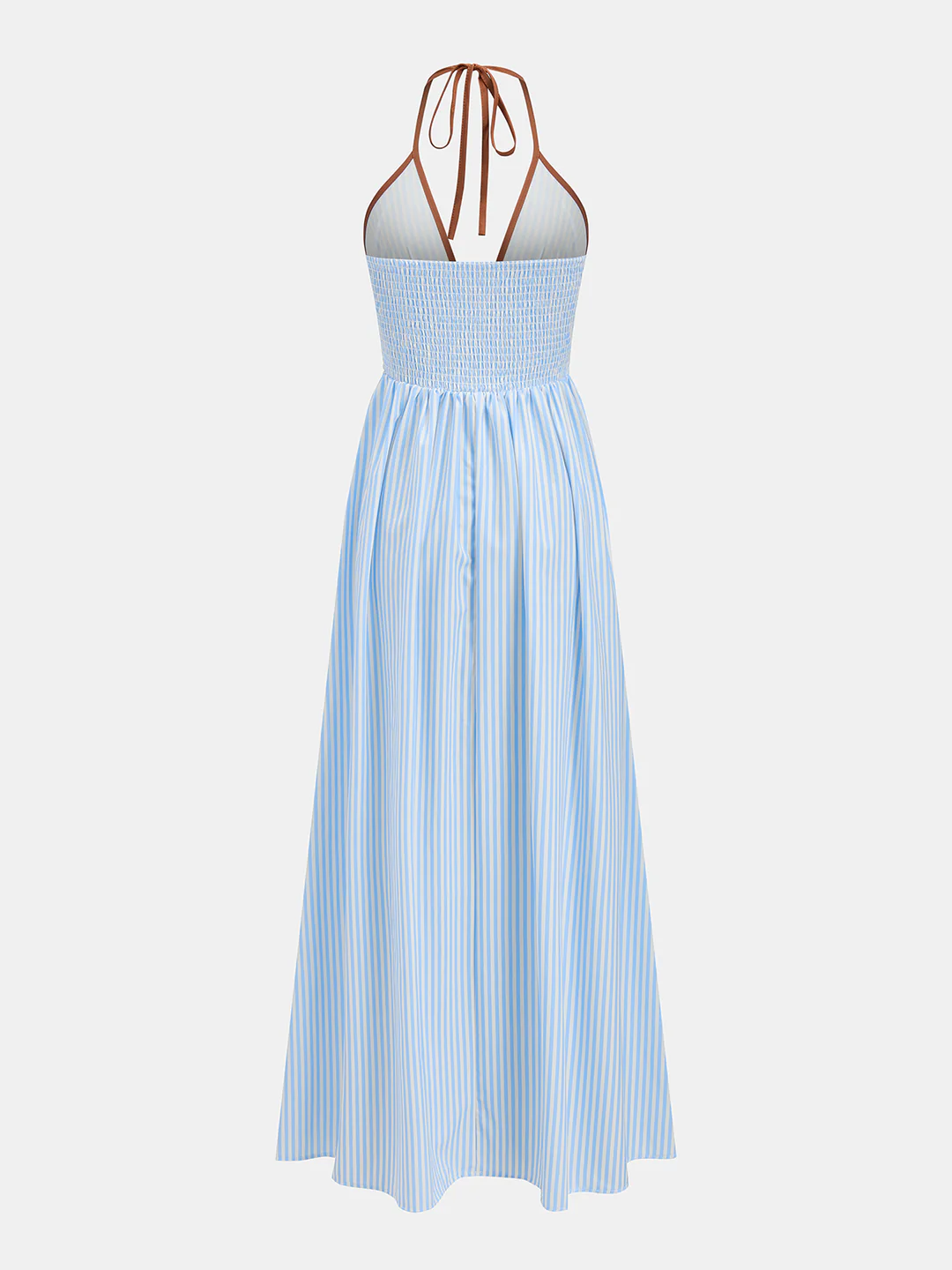 Vestido midi a rayas con escote en V profundo y cuello halter
